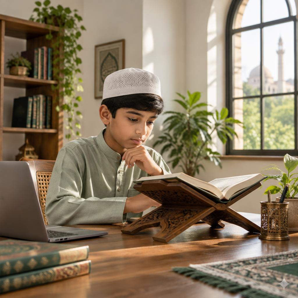 A young boy studying Quran on a raised reading stand in a peaceful home
