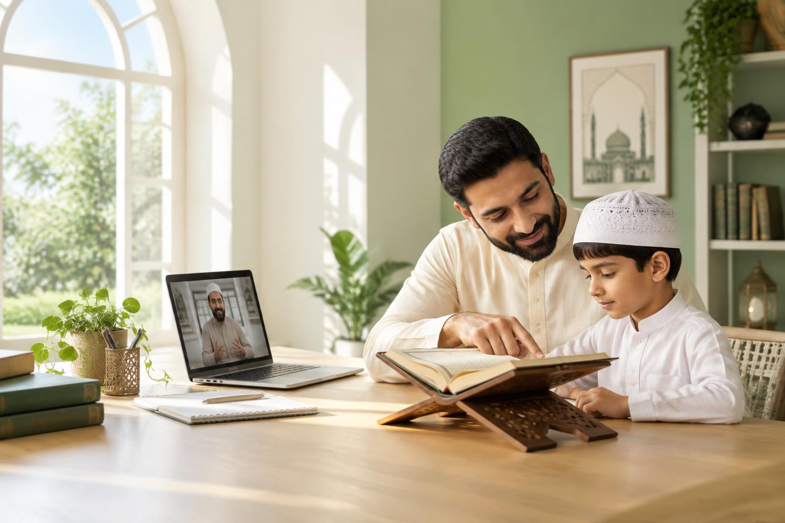 A father supporting his son during an online Quran lesson with a male teacher
